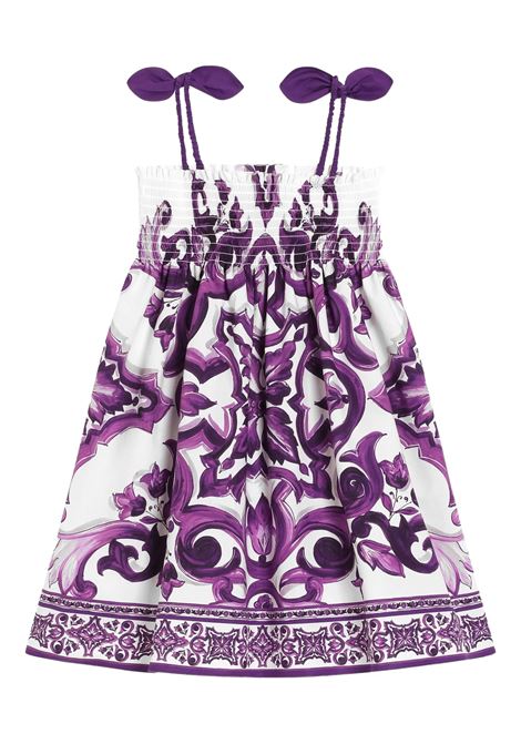 Dress with Purple Maiolica Print and Bow Shoulder Straps DOLCE & GABBANA KIDS | L54DE0-HH5ENIP3TN